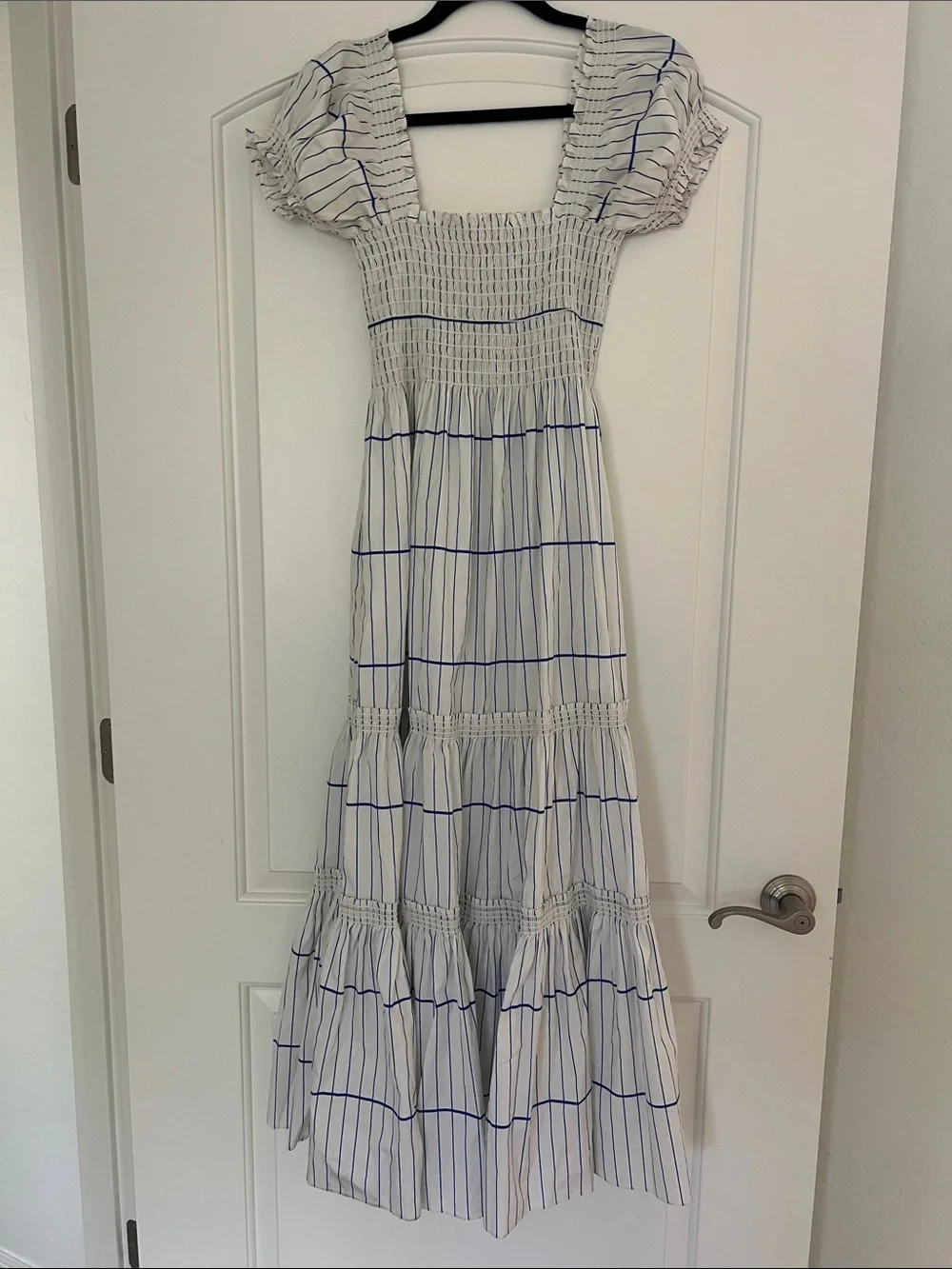 TORY BURCH SMOCKED COTTON MIDI DRESS Blue and white SIZE Small